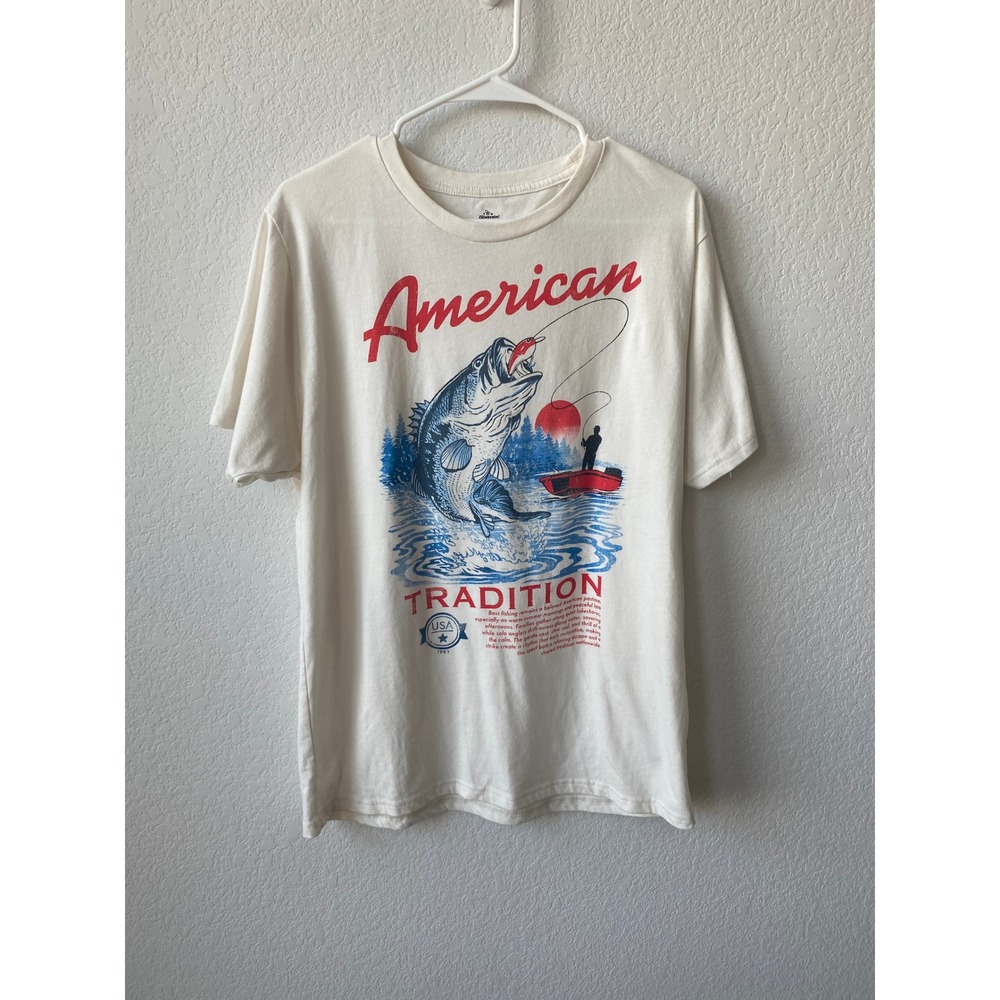 Way To Celebrate Mens American Tradition Fishing Graphic Tee Size L Cream Red
